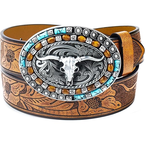 Topbuti Women Men Western Leather Belts LongHorn Bull Buckle