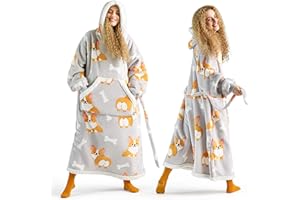 Bedsure Oversized Wearable Blanket Hoodie for Women, Long Printed Hooded Blanket Sweatshirt with Big Pocket as Gifts for Girl, Corgi, Silver Grey