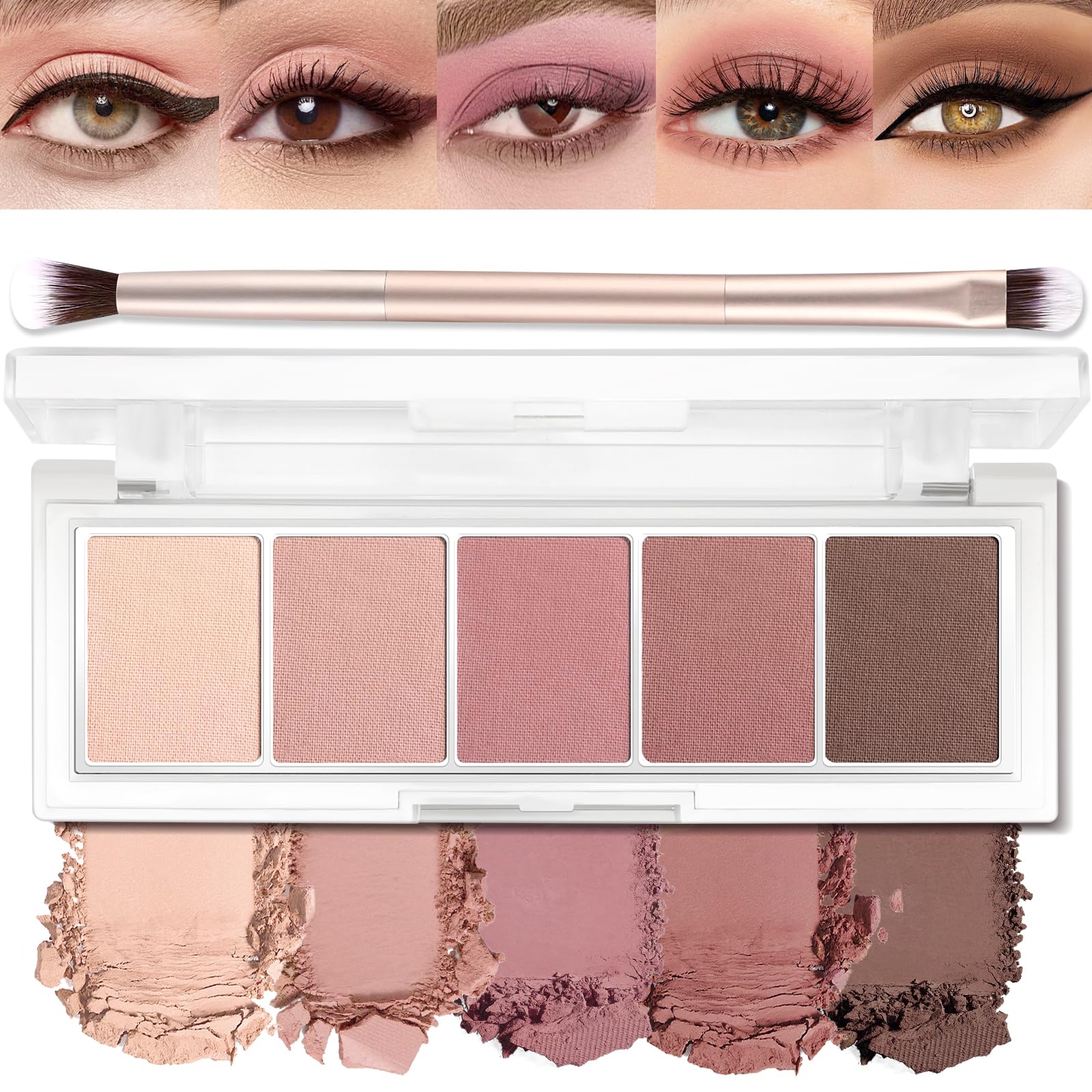 Photo 1 of 5 Colors Matte Eyeshadow Palette with Brush - Neutral Nude Brown Mauve Pink Eye Shadow Palette Makeup, Natural Waterproof Cool-Toned Eyeshadow for Green & Blue & Brown Eyes and Smokey Makeup, 04#