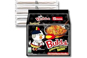 Buldak Ramen Noodles - Original Flavor - 5 Pack - Spicy Ramen Noodles Buldak Ramen Korean Spicy Hot Chicken Stir-Fried Noodles Bundle with 5 ALL.FOR.YOU. Branded Chopsticks