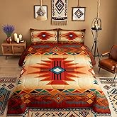 Western Bedding Set King Size,Southwest Comforter Set for Kids Teens Women Men,Aztec Tribal Bohemian Quilt Set 3Pcs Vintage Geometric Striped Orange Red Rustic Duvet Insert Bedroom Decor