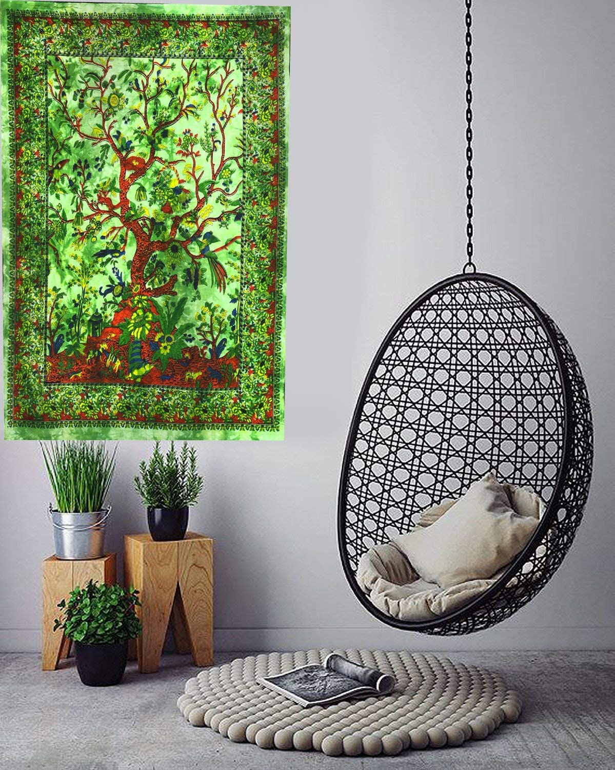 AVA Collections Wall Hanging TREE OF LIFE Green Tie Dye Cotton Tapestries Bohemian Psychedelic Indian Cotton Small Poster Hippie Tapestries for Living Bedroom Décor (Green, 40 x 30 inches)