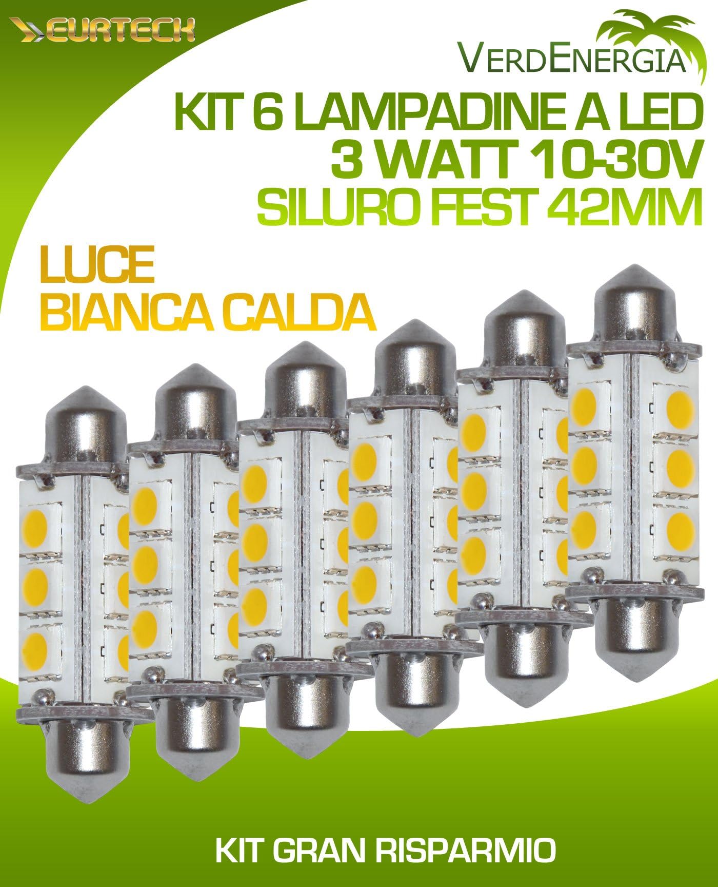 Kit of 6 LED Bulbs 10-15V/3W 42mm - 3000K - Festoon base 42mm 12SMD-5050