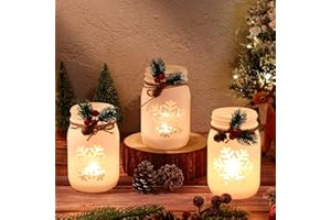 Honeydak 3 Pcs Christmas Table Centerpiece Decoration Set Rustic Mason Jar Tea Light Candle Holders with 6 Pcs Tealight Candles for Xmas Mason Decor Christmas Jars Supplies(Snowflakes)