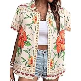 MYMORE ❷⓿❷❺ Womens Hawaiian Shirt Luau Party Tropical Vacation Button Down Shirts Short Sleeve Beach Hawaii Floral Print Top