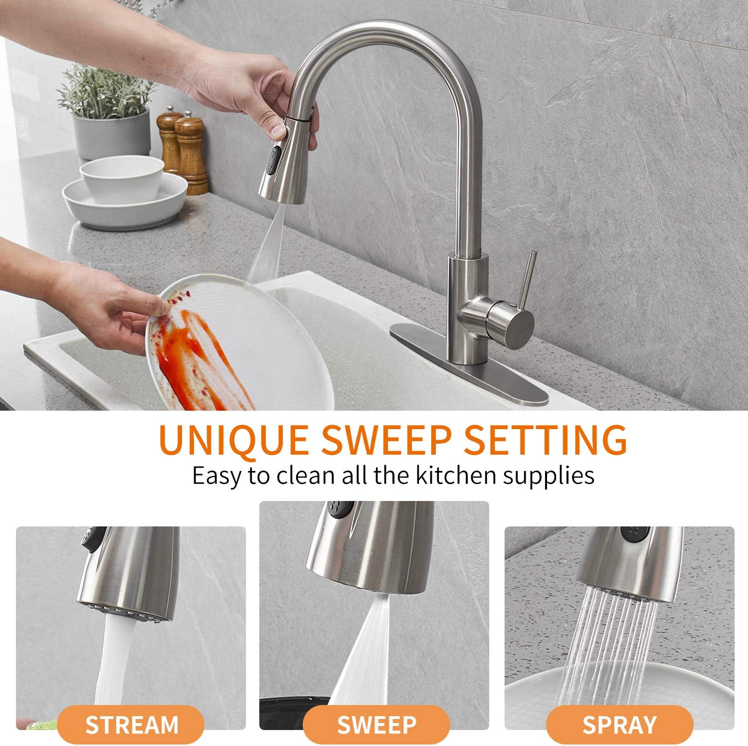 Cobbe Kitchen Sink Faucet, Kitchen Faucets with Pull Down Sprayer Brushed Nickel Stainless Steel Single Handle Faucet - - 