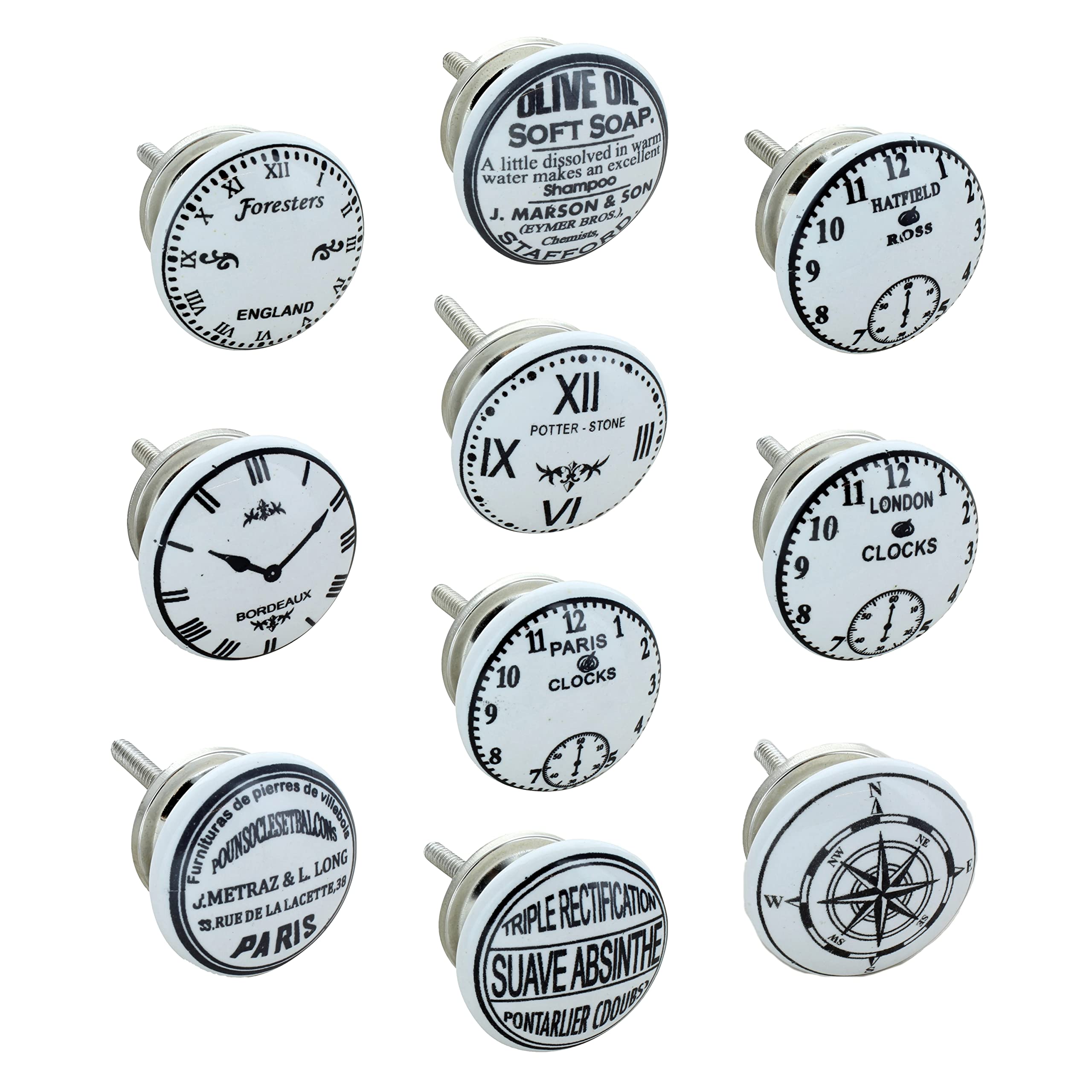 G Decor The Time Clock Assorted Designs Ceramic Door Knobs, Vintage, Shabby Chic, Interior Furniture, Cabinet Cupboard Wardrobe Drawers Pulls Handles (10-Pack)