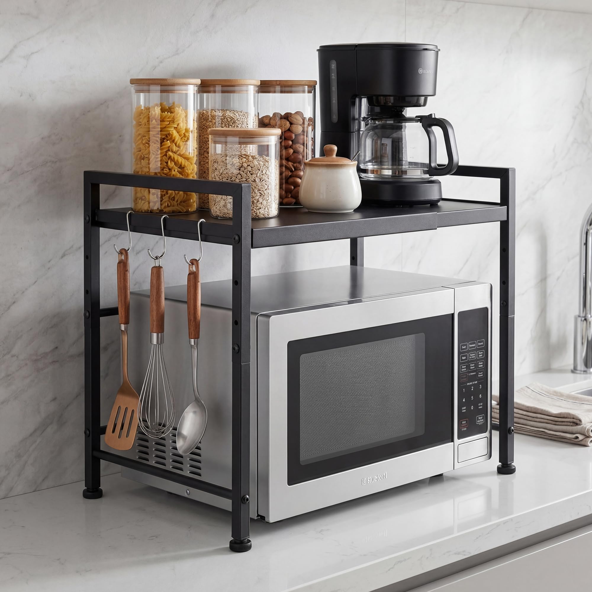 DAWNYIELD 2 Tier Extendable Microwave Oven Rack Shelf with 3 Hanging Hooks Microwave Stand with Storage for Kitchen Counter Organiser Printer Stand (Black)