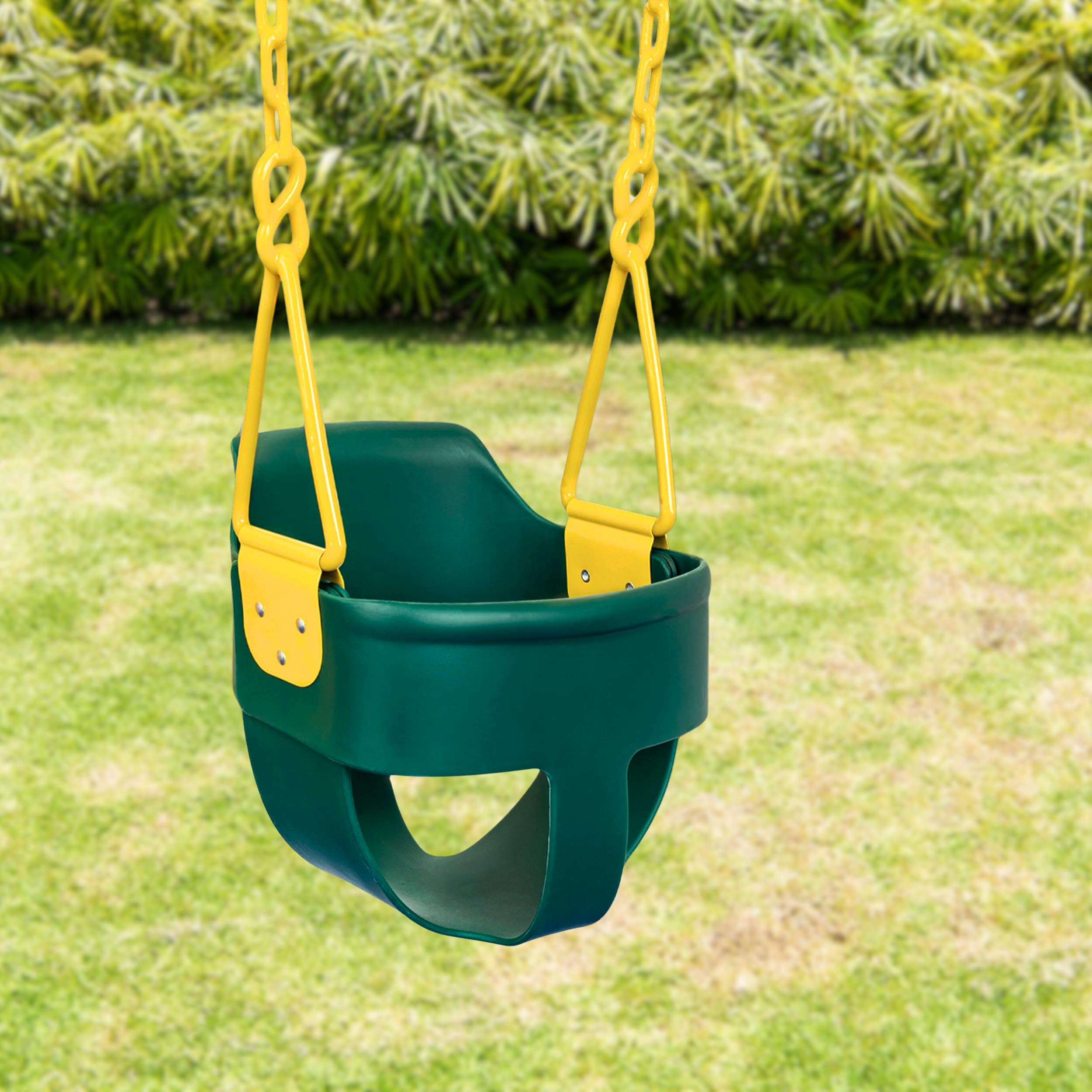 Premium High Back Full Bucket Toddler Swing Seat with Finger Grip, Plastic Coated Chains and Carabiners for Easy Install - Green - Squirrel Products