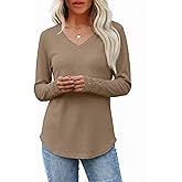 AGSEEM Women's Casual V Neck Long Sleeve Waffle Knit Textured Lace Hollow Out Shirts Curve Hem Loose Tunic Tops Blouses
