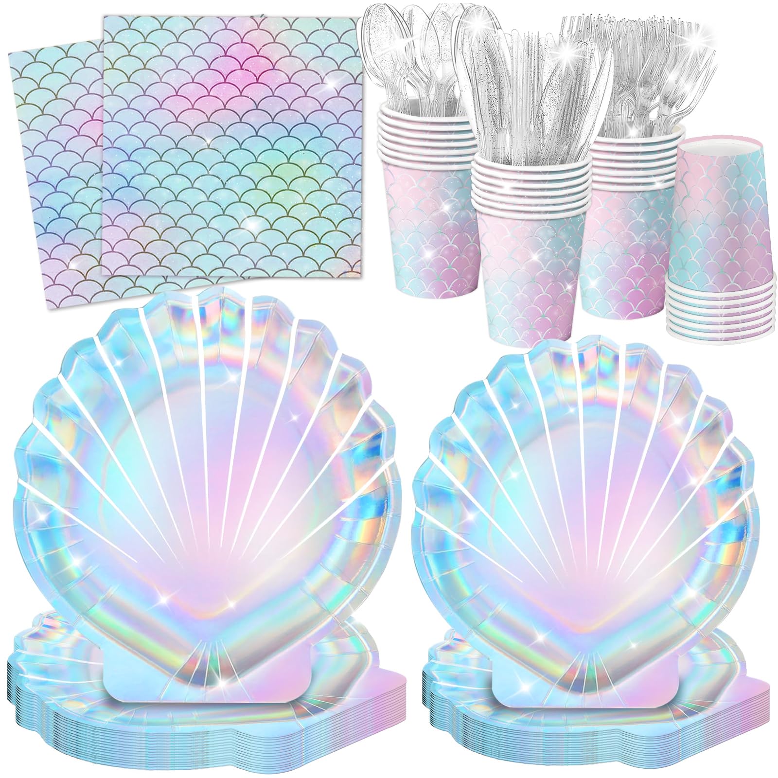 Photo 1 of QIYANPAX 144 Pcs Mermaid Party Supplies Mermaid Birthday Decorations Includes Plates Napkins Cups Cutlery for Under the Sea Party Decorations, Serve 24