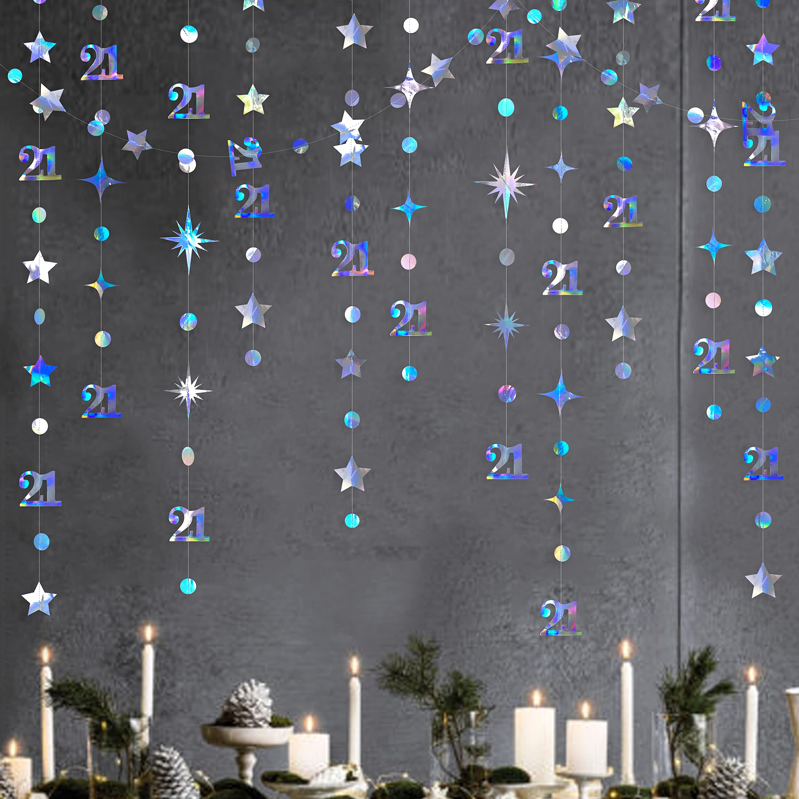 pinkblume Iridescent Number 21 Circle Dot Twinkle Star Garland Metallic Holographic Hanging Streamer Bunting Banner Decoration 21st Birthday Finally Legal 21 Anniversary Wedding Party Supplies