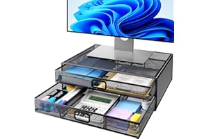 HUANUO 2 Tier Monitor Stand, Metal Monitor Riser with Drawer, Desk Organizer, Monitor Stand with Storage, Desktop Computer Stand for PC, Laptop, Printer