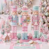 Simgoing 3 Pcs Pastel Christmas Nutcracker Gingerbread Resin Nutcrackers | Holding Gingerbread Man, House, Candy, Pink Blue Christmas Nutcracker Soldier Decor for Home Mantel Shelf Table Tiered Tray