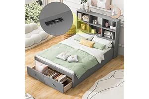 CITYLIGHT Full Size Bed Frame with Bookcase Headboard and 2 Drawers, Wood Full Size Platform Bed with Charging Station for Kids Teens Adults, No Box Spring Needed, Grey