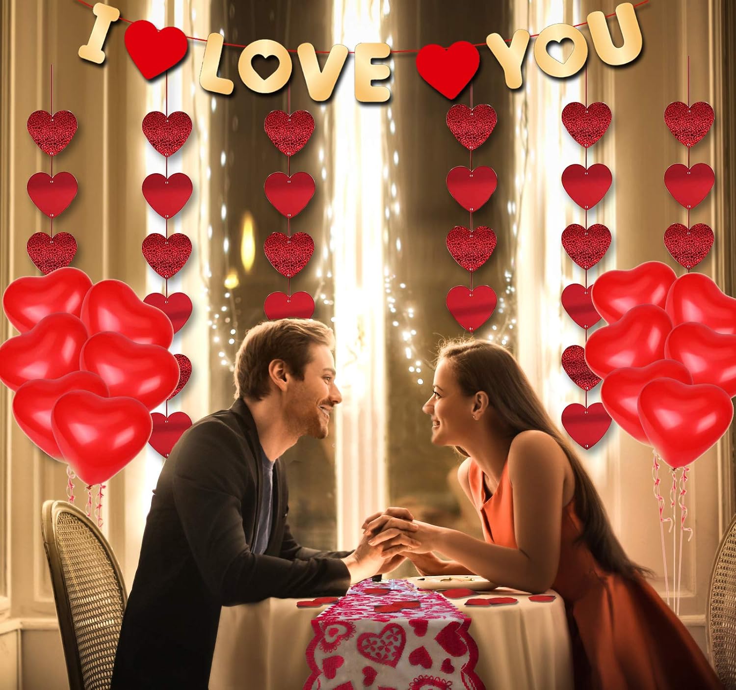 Valentines Day Decorations Kit 1000 Pcs Red Rose Petals 10 Pcs Heart Balloons 6 PCS Heart Garland I Love You Felt Garland Banner Table Runner for Valentines Day Decor Wedding Anniversary Engagement - Image 3