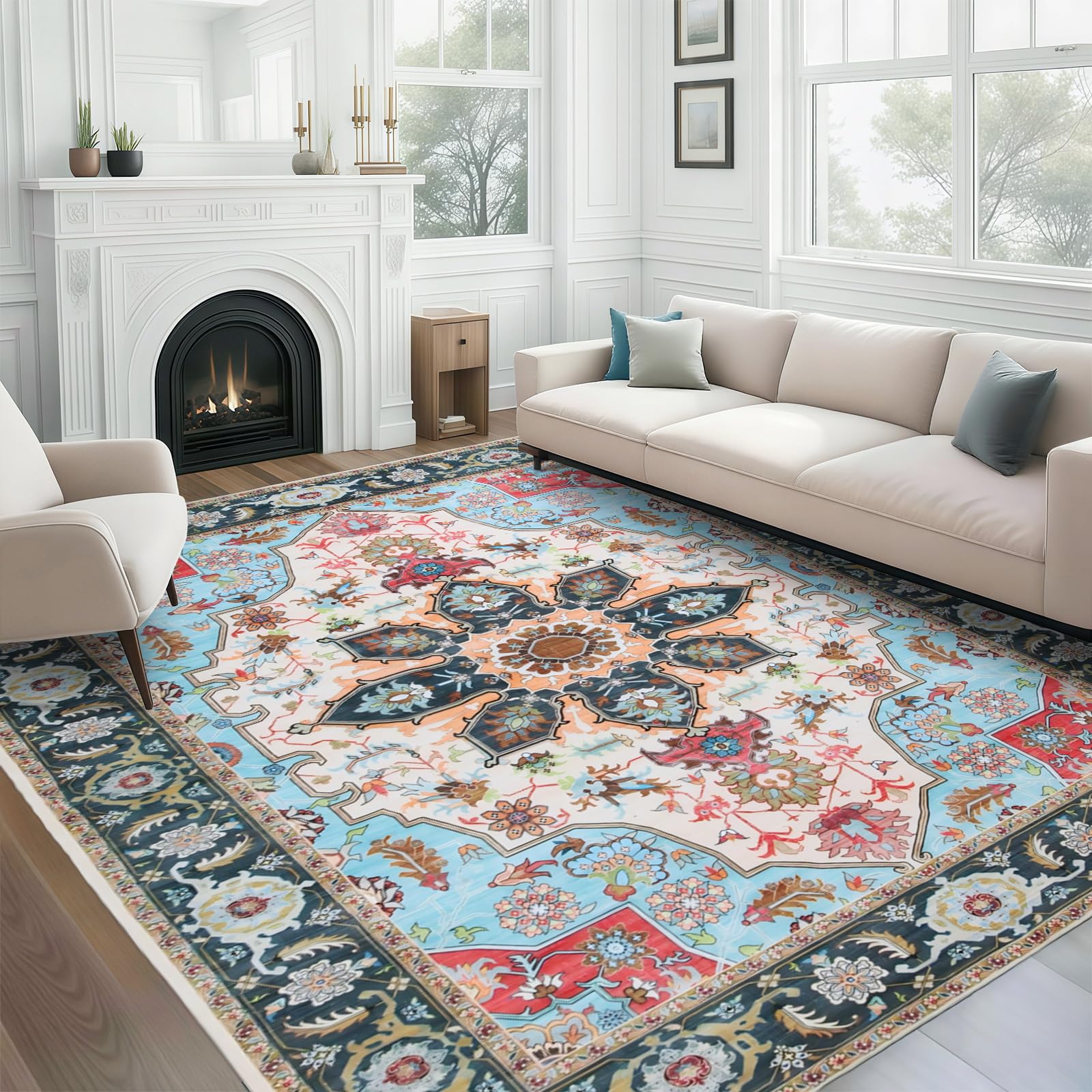 Photo 1 of WILLSUN Washable Area Rugs, 9x12 Non-Slip Boho Large Area Rugs for Living Room, Bedroom, Machine Washable Vintage Rug, Indoor Floral Print Carpet for Home Decor, Kid & Pet Friendly Mat