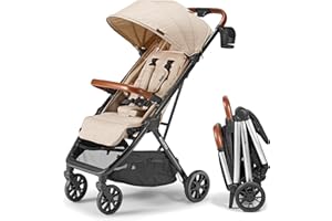 Bombi Bēbee V2 Lightweight Baby Stroller - Premium Vegan Leather, One-Hand Fold, Infinite Recline, Aircraft-Grade Aluminum Frame, XXL Canopy, and Ample Storage Umbrella Stroller - Sand