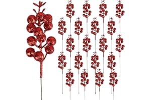 CCINEE 20pcs Glitter Christmas Red Berry Stems,7.8Inch Xmas Artificial Glitter Berry Branches for Christmas Tree Ornaments DIY Xmas Wreath Picks Crafts Home and Holiday Decor