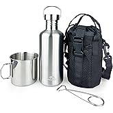 Pubgeer Canteen 42oz Single Wall Water Bottle with 24oz Nested Camping Cup and Carrier Bag, Bushcraft Gear, Wide Mouth Water Bottle, Survival Gear, Water Boiler, Self Reliance, Stainless Steel - Black