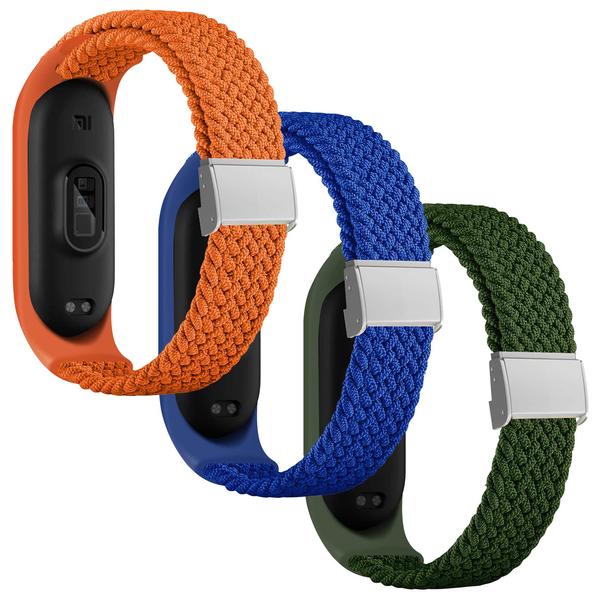 KUTEWEU Braided Strap Compatible with Mi Band 7 / Mi Band 6 5, Breathable Elastic Soft Nylon Adjustable Sport Strap Replacement Band for Mi Band 7 6 5 4 3 (Orange+Blue+Green)
