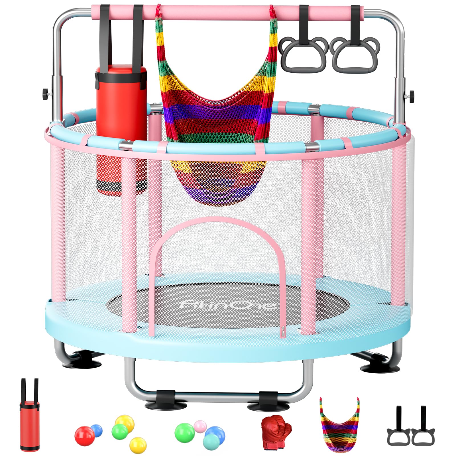 Photo 1 of FitinOne 55" Toddler Mini Trampoline for Kids, Indoor Outdoor Toys with Swing, 440lbs Baby Kids Trampoline, Gymnastics Bar, Birthday Gifts for Boy Girl Age 1-8