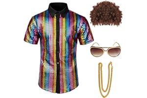 DreamJ 70s Disco Outfits for Men Metallic Sequin Shirt Set Shiny Cosplay Disco Costume With Afro Wig Necklace Sunglasses