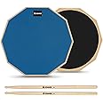 Donner 12 Inches Drum Practice Pad Silent Drum Pad Set Blue 2-Sided With Drum Sticks