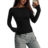 KIRUNDO Long Sleeve Shirts for Women 2026 Fall Casual Boat Neck Knit Workout Going Out Tops Fitted Side Slit Basic Tees