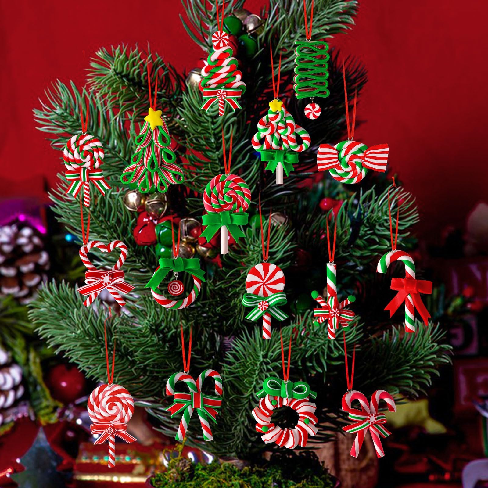 Photo 1 of 16Pcs Christmas Lollipop Ornaments, Colorful Mini Candy Cane Hanging Ornaments Polymer Clay Peppermint Pendants for Xmas Tree Party Home Decorations