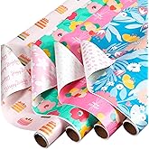 American Greetings 160 sq. ft. Reversible Wrapping Paper Bundle for Birthdays and All Occasions, Floral and Happy Birthday Text (4 Rolls, 30 in. x 16 ft.)