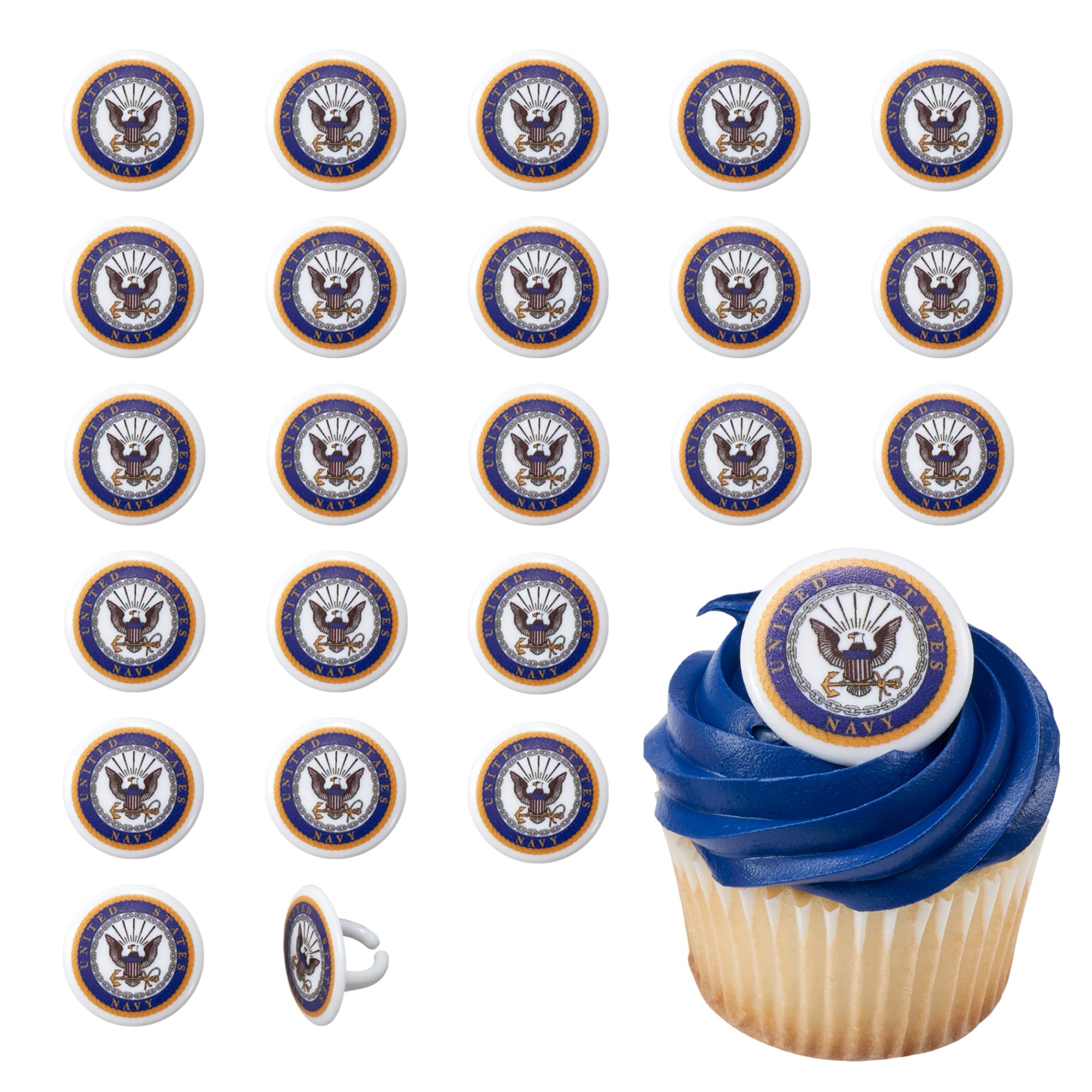 Photo 1 of US Navy Cupcake Toppers, 24 United States Navy Official Emblem Cupcake Rings, Food Safe U.S. Military Cake Decorations - 24 Pack