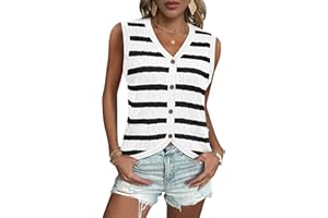 LOOKBOHO Women V Neck Sweater Vest Cable Knit Button Down Striped Tank Top Casual Crochet Knitted Sleeveless Cardigan