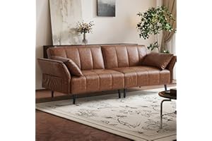 hausway 83”Faux Leather Futon Couch,Mid Century Modern Convertible Leather Sofa with Adjustable Backrest,Armrest,2 Pillows,Wooden&Steel Frame for Office,Living Room,Space-Saving,Brown