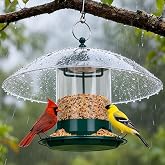 Gbekery Metal Bird Feeders for Outdoors with 12&rdquo; Weatherproof Dome, Green | Rain &amp; Snow Proof Cover, Clear PC Tube, 360&deg; Feeding Tray with 4 Feeding Ports &amp; Circular perch, Hanging Garden, Backyard