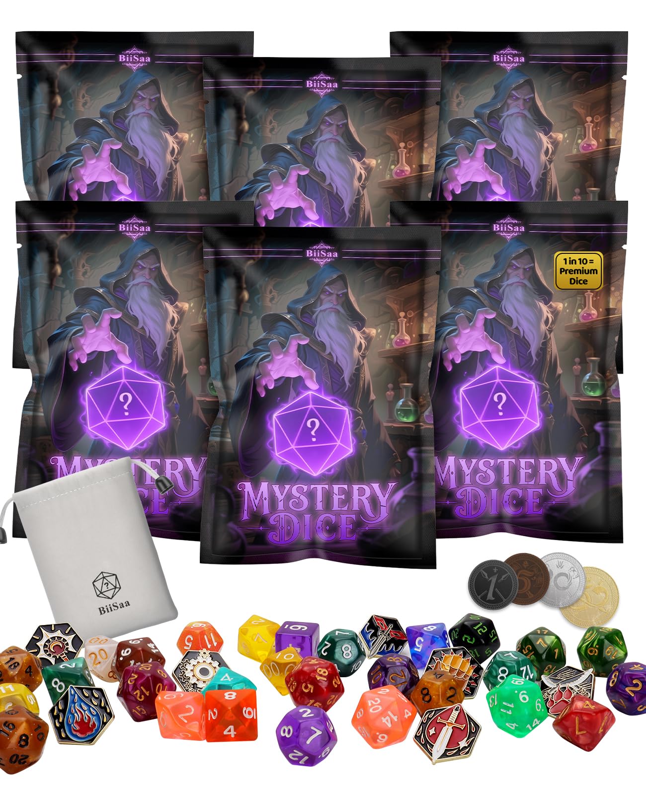 DND Mystery Dice Bundle – 6 Blind Bags w/ 7 Polyhedral RPG Dice, 4 Metal Coins, Enamel Pin & Velvet Bag Each – 1 in 10 to Get Premium Set – Gift for TTRPG Players, DMS & Dice Goblins (6 Packs Set)