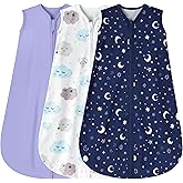 BSTOPPT 3 Pack Baby Sleep Sack 6-12 Months 100% Rayon Cotton Baby Sleeping Bag 2-Way Zipper Toddler Wearable Blankets Comfy Stretchy Lightweight TOG 0.3 （Purple&Clouds&Starry Sky）