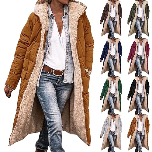 Winter Jackets For Women UK Long Waterproof Jackets With Hood Ladies Teddy Fleece Lined Puffer Down Coat Hooded Quilted Padded Jacket Casual Trench Coats Full Zip Overcoat With Pockets Plus Size