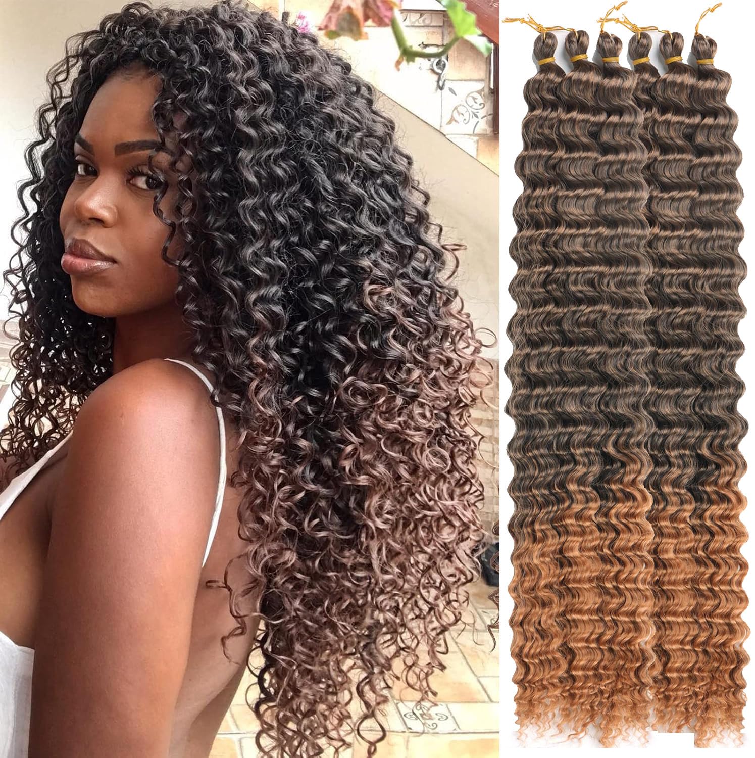 Alaleibaby Ocean Wave Crochet Hair 22 inch Deep Wave Crochet Hair 6 Packs boho hair for braiding Hair Extensions curly Braiding Hair for Black Women water wave crochet hair(T30#, 22 Inch(Pack of 6))