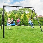 Hapfan 600lb Heavy Duty Swing Set for Outdoor Backyard with 3 Swings Black | 60mm&phi; Metal Pipe,Platform Swing + 2 Belt Swings,for Kids from Toddler to Teens, ASTM Tested | CPSC Safety Compliant(Patented)