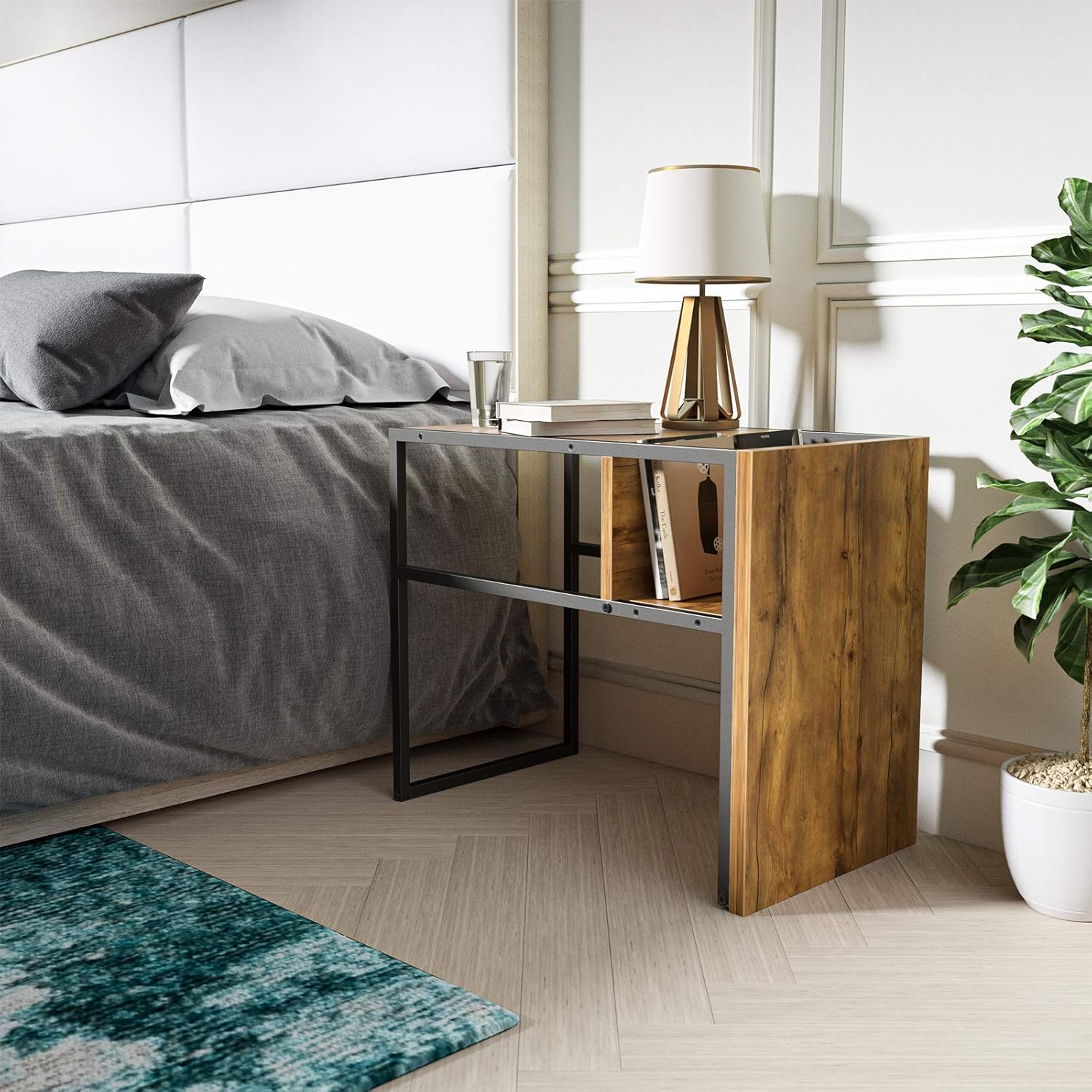 Cubiker Sofa Side End Table, C Shaped Reversible Table with Wooden Shelf, Side Table for Living Room, Bedroom, Metal Frame Nightstand: Kitchen & Dining