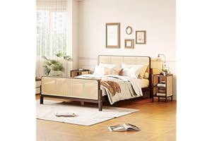 Linique 3 Pieces Rattan Platform Bed Full Size Set with 2 Nightstands,Boho Bed Frame Full with Rattan Headboard and Footboard,No Box Spring Needed,Walnut