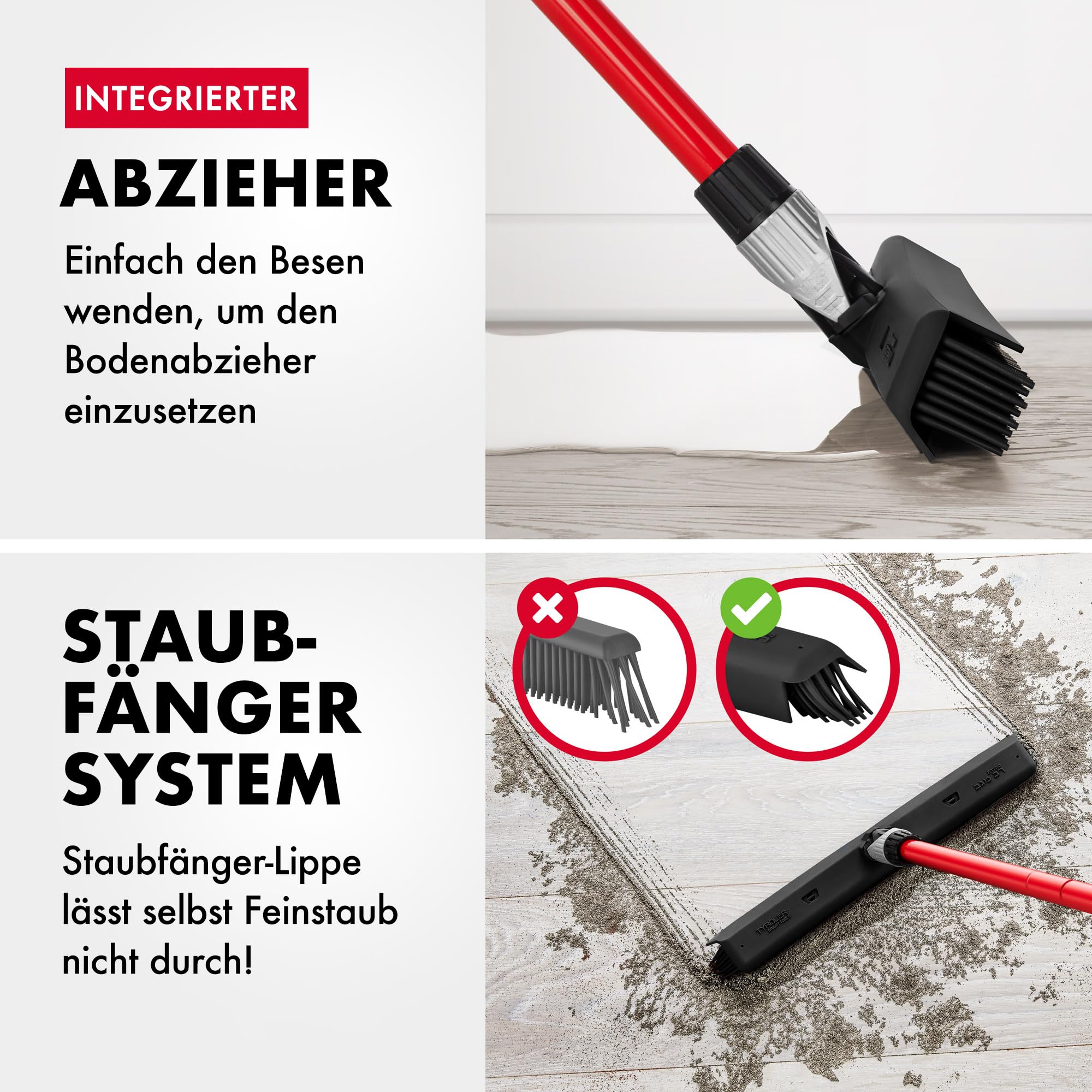 Tyroler Gummibesen & Bodenabzieher | Kehrbesen-Kopf aus 100% Naturkautschuk 41 cm | Besen mit Stiel und 140 cm Anti-Rost-Griff | Gummi-besen mit Abzieher | Gummibesen mit Stiel | Gummibesens Tierhaare 6