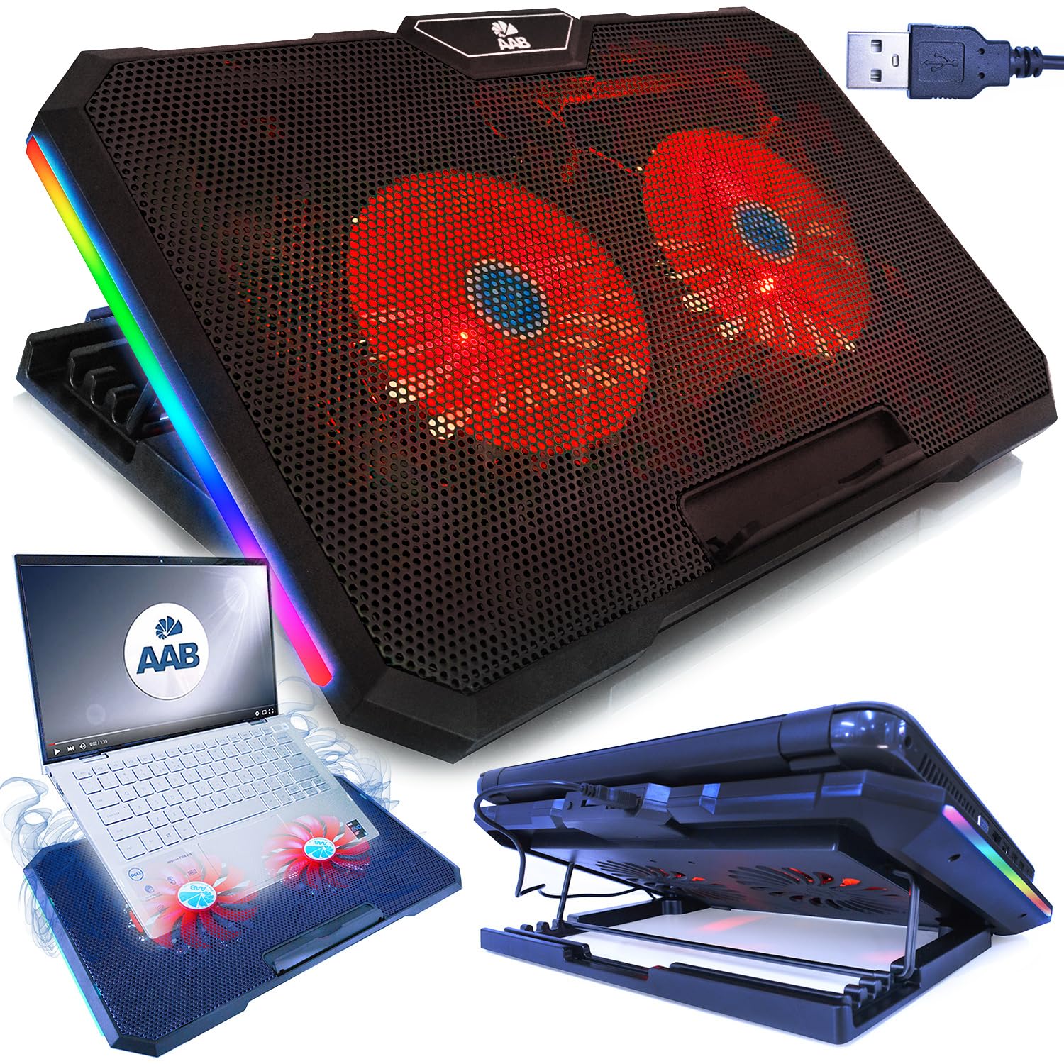AABCOOLING Gemini-Laptop Cooling Pad with 2 Fans, Adjustable Tilt and Red Backlight, Notebook Cooler, Cooling Fan, Laptop Cooling Stand, Laptop Tray Cushion,Laptop Stand, Multicolour-illuminated RGB