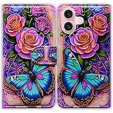 Bcov Case for iPhone 16,Blue Butterfly Flowers Rose Leather Flip Phone Case Wallet Cover with Card Slot Holder Kickstand Case for Apple iPhone 16