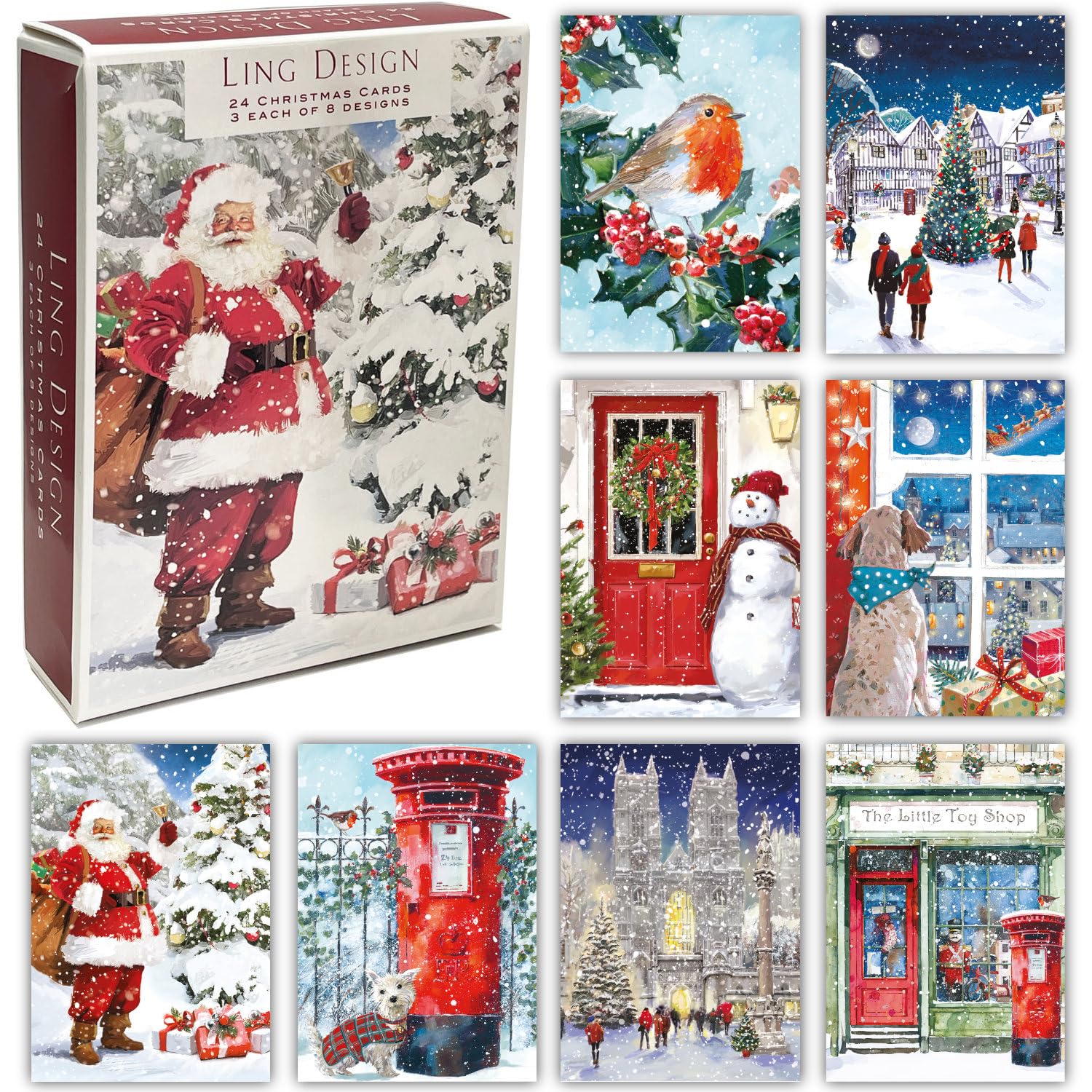 Festive Classics Selection - Premium Box of 24 Assorted Christmas Cards - 3 Each of 8 Designs - Great British Card Company (LING CLASSIC)