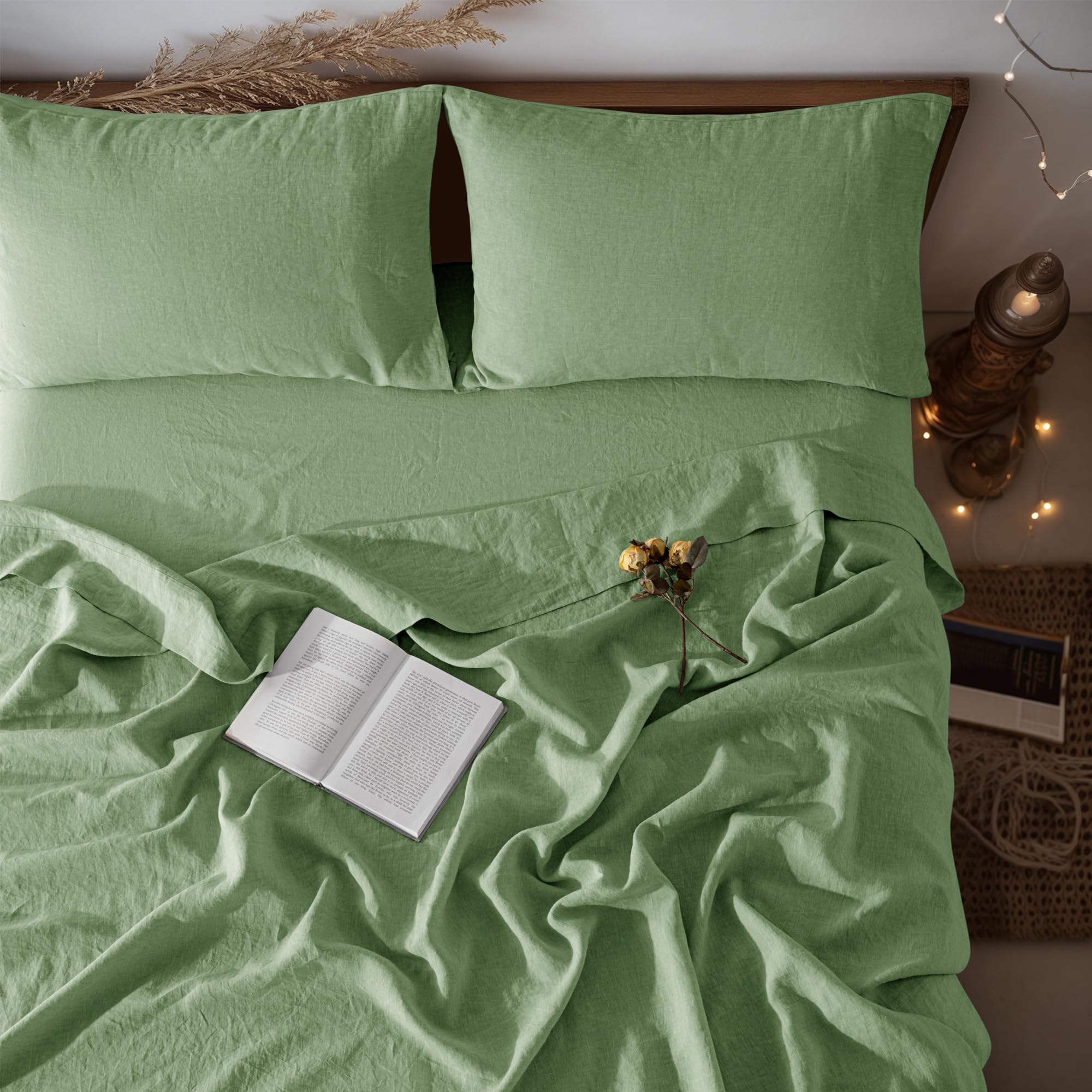 Photo 1 of LBRO2M 100% Linen Sheet Set Queen Size,Bed Sheets 4 Piece Sets,Solid Color Natural Flax Bed Sheets Soft Breathable Bedding,16" Deep Pocket,All Season (Queen, Green)