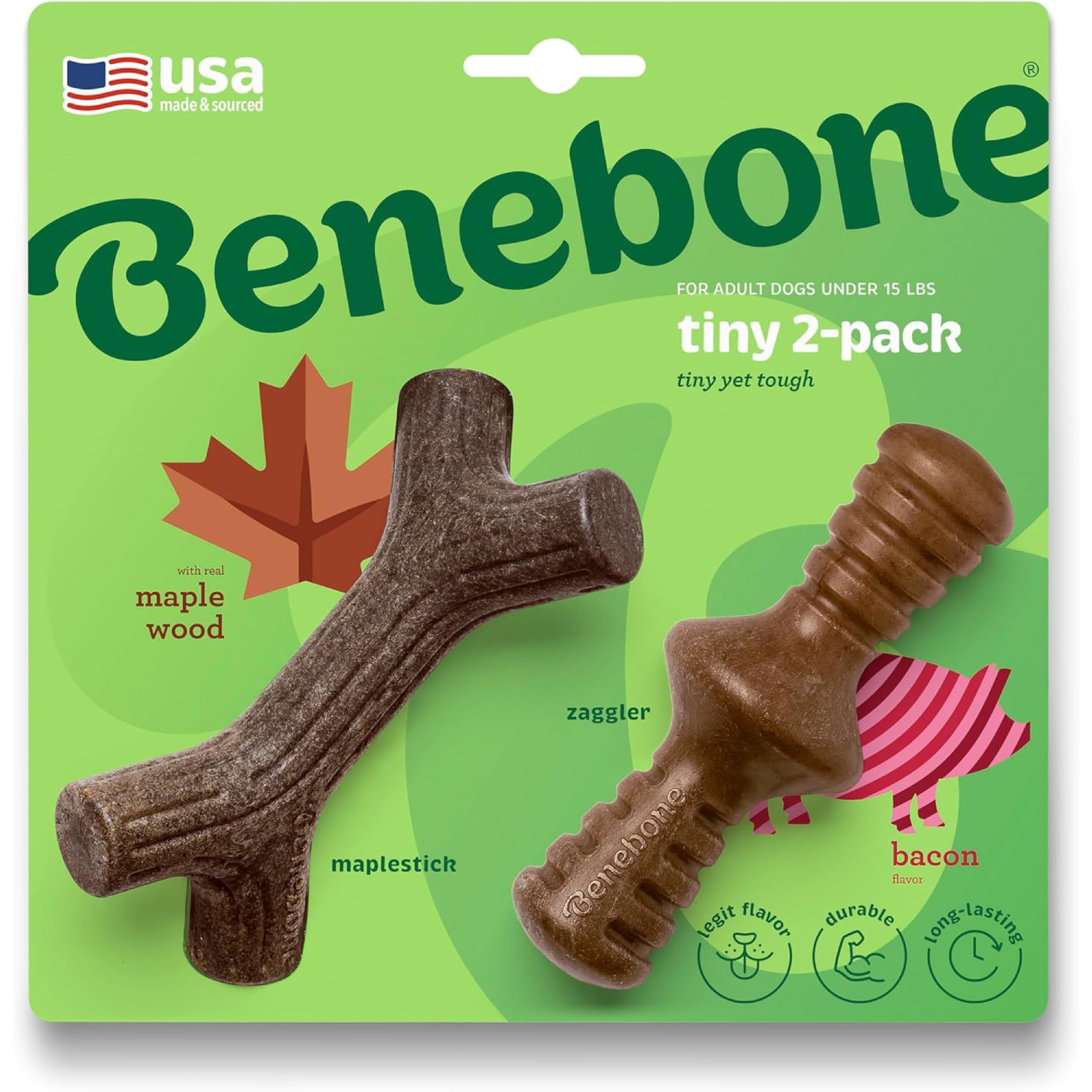 Benebone Tiny 2-Pack Indestructible Maplestick/Zaggler for Aggressive Chewers, Long Lasting Tough Boredom Breaker for Dogs, Real Bacon and Maple Wood Flavour, For Extra Small Dogs, Made in the USA.