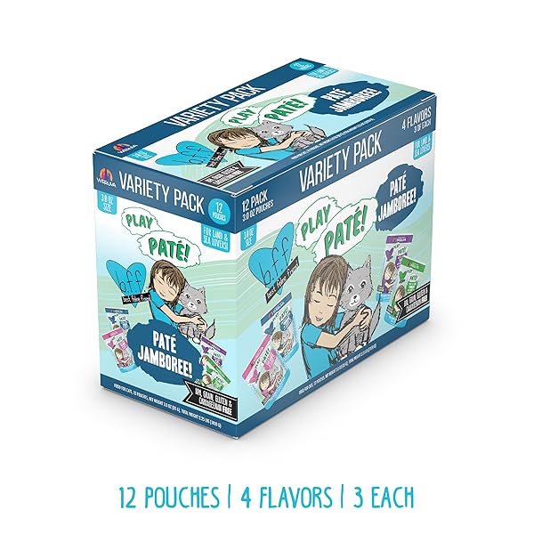 WERUVA B.F.F. PLAY – BEST FELINE FRIEND PATÉ LOVERS, AW YEAH!, PATÉ JAMBOREE! VARIETY PACK, 3OZ POUCH (PACK OF 12)