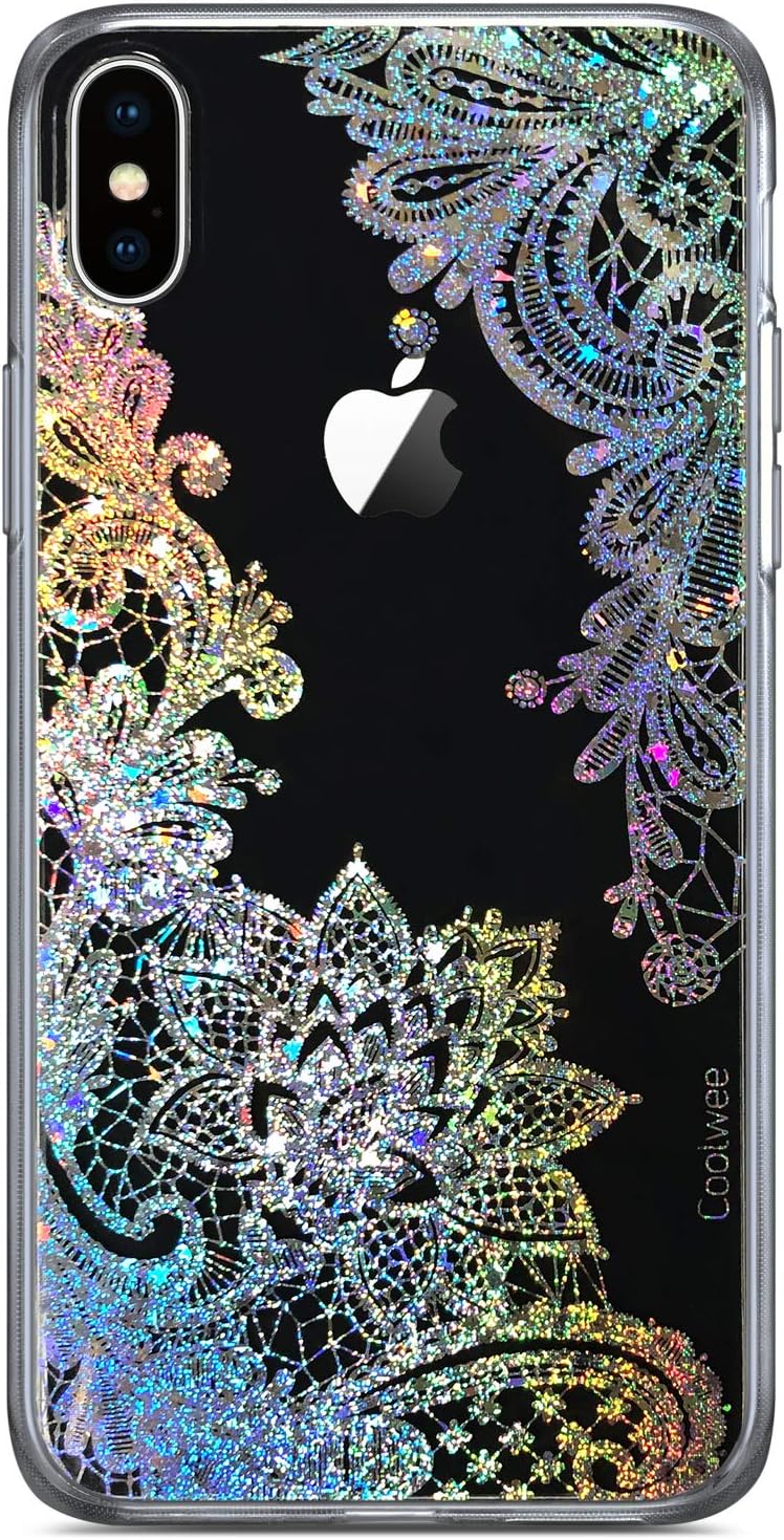 Coolwee Clear Glitter for iPhone Xs Case iPhone X Thin Flower Slim Cute Crystal Lace Bling Shiny Women Girls Floral Plastic Hard Back Case Soft TPU Protective Cover for Apple iPhone Xs Mandala Henna